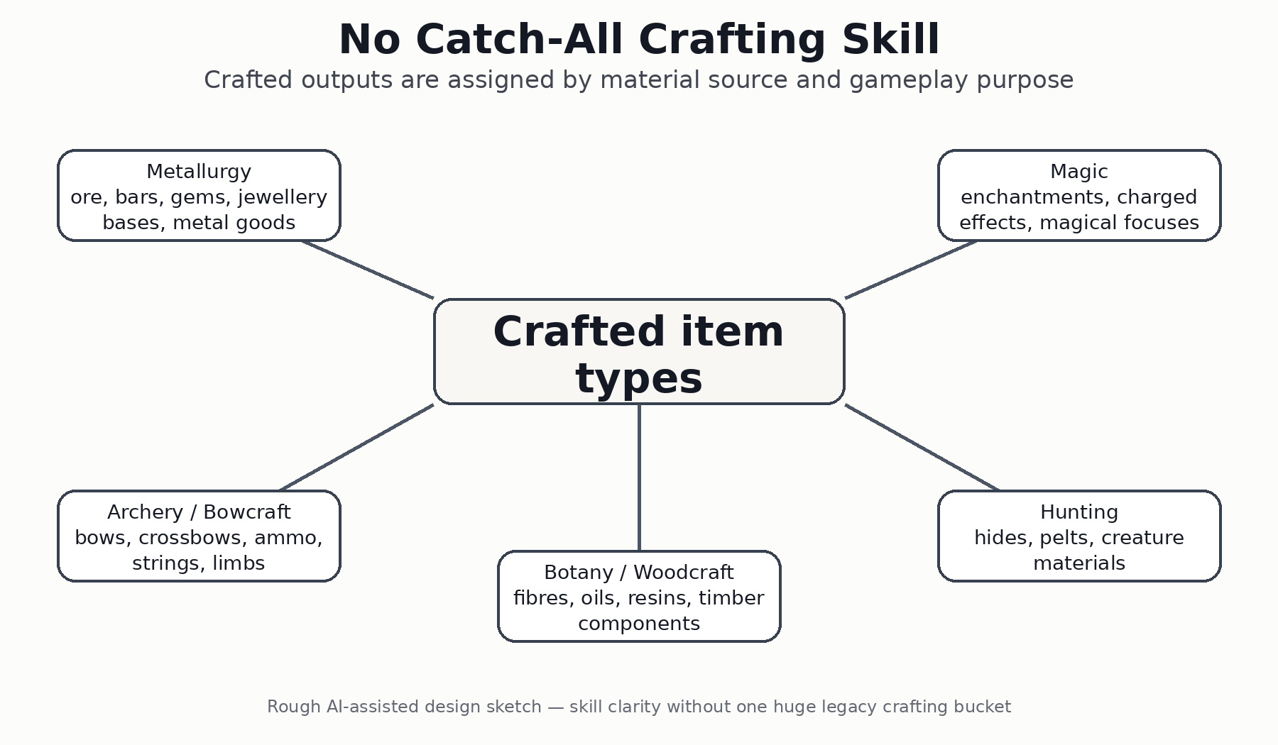 AI-generated design sketch showing crafted item types distributed by material source and purpose
